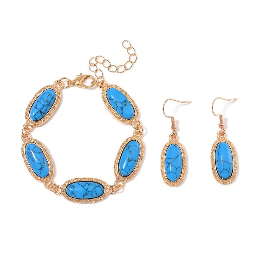 Women's Blue Howlite Set of Bracelet and Earrings in Rosetone